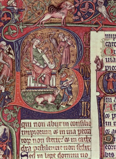 Historiated Initial B from the Peterborough Psalter depicting King David playing the harp, English, c.1310-20 by English School