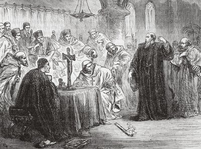 Mollio throwing down his torch before the Inquisition by English School