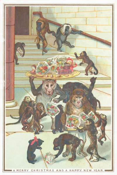Monkeys carrying gifts by English School