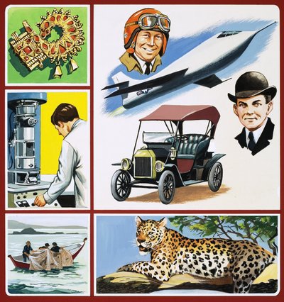 Montage of Images Including Jewelry, a Scientist at Electron Microscope, etc. by English School