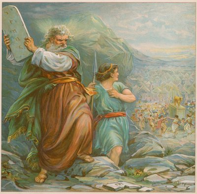 Moses holding one of the tablets containing the Ten Commandments by English School