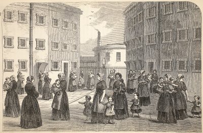 Mothers, with their children, exercising at Tothill Fields Prison, illustration from The Criminal Prisons of London and Scenes from Prison Life by Henry Mayhew and John Binny, pub. 1862 by English School