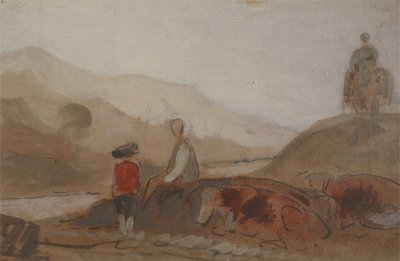Mountainous Landscape with Figure by a Lake (A Man seated by a Lake amidst Mountains) by English School