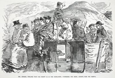Mr. Briggs, Feeling that His Heart is in the Highlands, Starts for the North, Illustration from Punch by English School