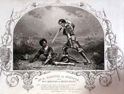 Mr. H. Marston as Hotspur and Mr. F. Robinson as Prince Henry, Act V Scene 4 from Henry IV (Part I) from a daguerrotype by Paine of Islington, pub. by John Tallis & Co. by English School