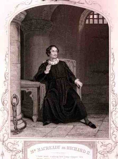 Mr Macready as Richard II, Act V Scene 5, in the play by William Shakespeare, engraved by J. Rogers by English School