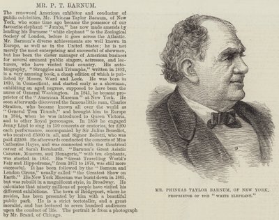 Mr Phineas Taylor Barnum, of New York, Proprietor of the "White Elephant" by English School