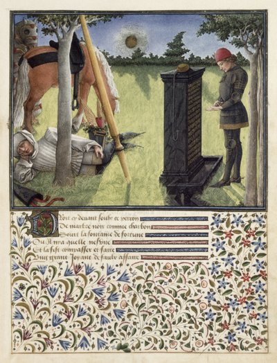 At Sunrise, Heart reads the inscription on the Enchanted Fountain, facsimile edition of Livre du Coeur d