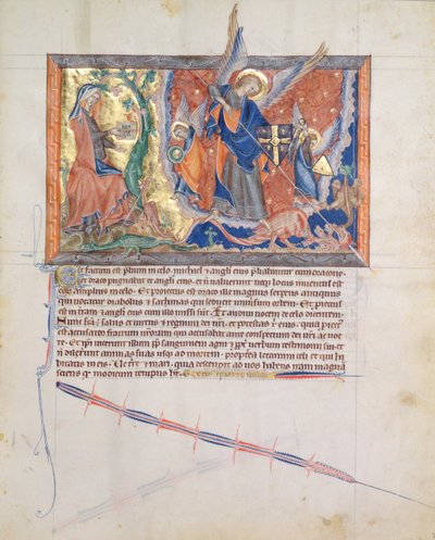 The Woman Hidden in the Desert Whilst Archangel Michael Fights the Dragon in Heaven, from the Gulbenkian Apocalypse, c.1265-70 by English School