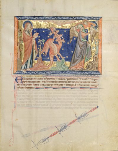St. John Watching an Angel Help the Woman to Escape from the Red Dragon, from the Gulbenkian Apocalypse, c.1265-70 by English School