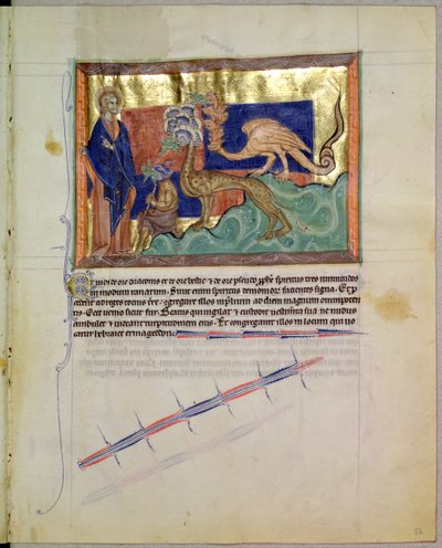 St. John the Evangelist Watching Frogs Issuing from the Mouths of the 3 Beasts, from the Gulbenkian Apocalypse, c.1265-70 by English School
