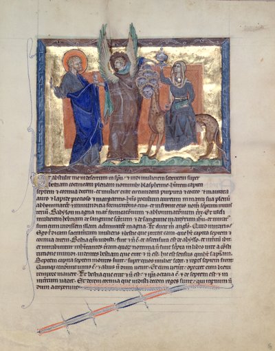 An Angel Leading St. John the Evangelist to the Harlot of Babylon, from the Gulbenkian Apocalypse, c.1265-70 by English School