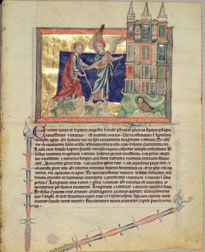An Angel Showing the New Jerusalem to St. John the Evangelist, from the Gulbenkian Apocalypse, c.1265-70 by English School
