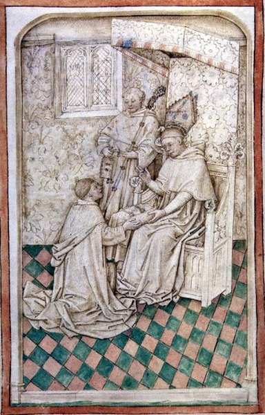 Thomas Bekynton, Bishop of Bath and Wells, receives Chaundler, from the Abingdon Missal, 1457-61 by English School