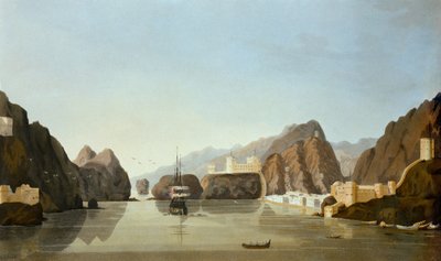 Muscat from the harbour with a British frigate at anchor, from Sixteen Views of Places in the Persian Gulf, by Lieutenant R. Temple, published 1813 by English School