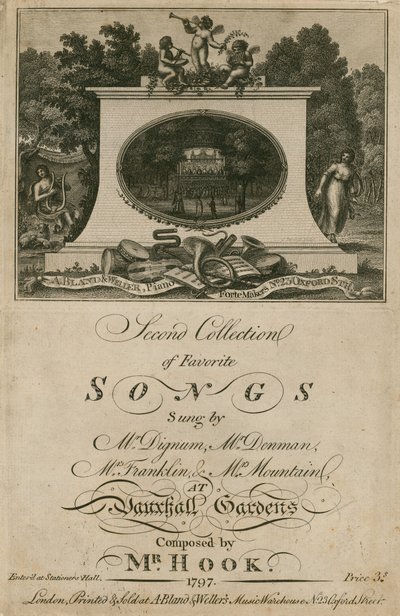 Musical score collecting favourite songs sung at Vauxhall Gardens, London, composed by Mr. Hook by English School