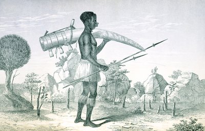 Native carrying a decorated ivory elephant tusk, from The Lake Regions of Central Africa, by Richard F. Burton, 1860 by English School