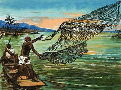Natives fishing on the Niger river in Africa by English School