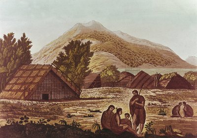 Natives, with Huts and Mountains Behind, Engraved by F. Fumagalli by English School