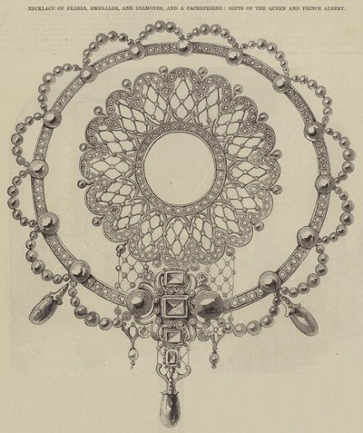 Necklace of Pearls, Emeralds, and Diamonds, and a Cachepeigne, Gifts of the Queen and Prince Albert by English School