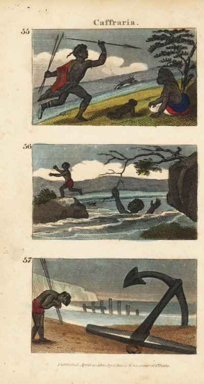 Nguni or Bantu Warrior Hunting Antelope with Spears, Forsaking a Woman Drowning in a River, and Worshipping an Anchor from an East India Ship by English School