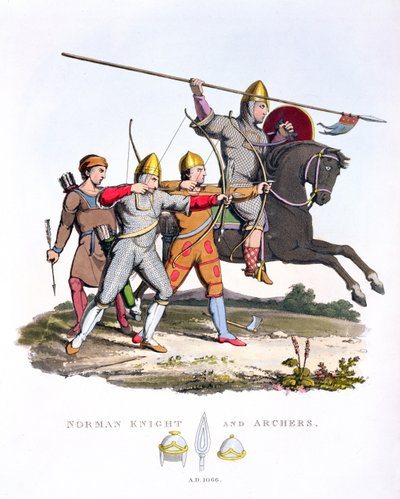 Norman Knight and Archers, 1066, from Ancient Armour by Samuel Rush Meyrick, 1824 by English School