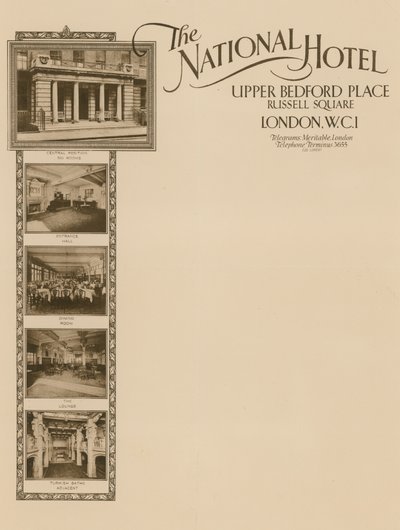 Notepaper from The National Hotel, Upper Bedford Place, Russell Square by English School