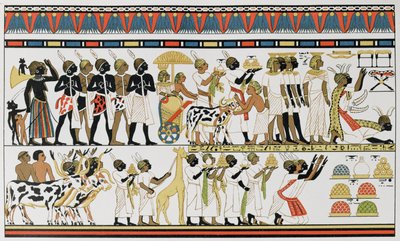 Nubian Chiefs Bringing Presents to the King of Egypt, Copy of an Ancient Egyptian Wall Painting from a Tomb at Thebes, c.1380 BC, from The History of Mankind, Vol.III, by Prof. Friedrich Ratzel, 1898 by English School