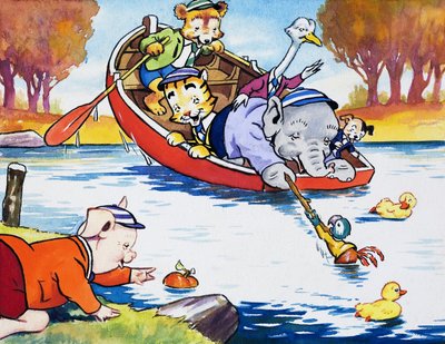 Nursery animals playing in boat by English School