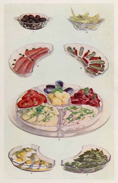 Olives; Dressed Chicory; Smoked Salmon; Gherkin and Chillie; Butter, Tomato Slices, Potato Salad, Tunny Fish, Beetroot, Sardines; Mayonnaise of Eggs; Bean Salad by English School