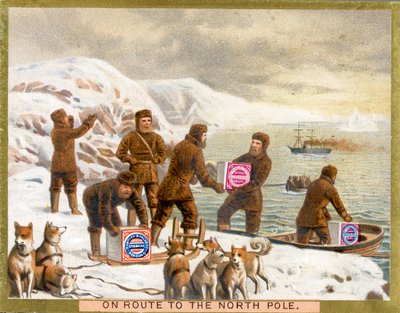 On Route to the North Pole, a promotional card for Huntley & Palmers Biscuits, c.1890 by English School