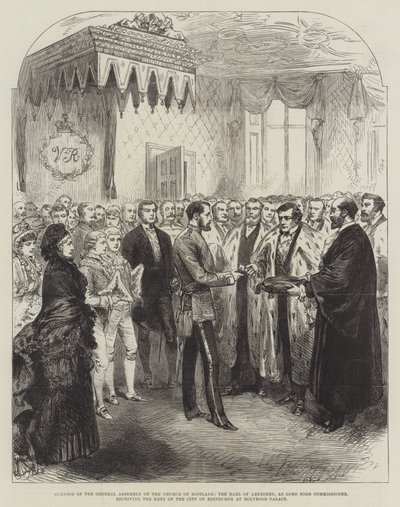 Opening of the General Assembly of the Church of Scotland, the Earl of Aberdeen, as Lord High Commissioner, receiving the Keys of the City of Edinburgh at Holyrood Palace (engraving) by English School