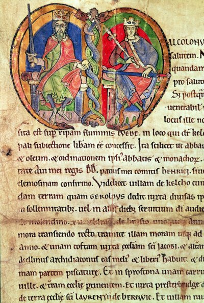 Page from the Charter of Kelso Abbey with an illuminated initial depicting King David I and his grandson Malcolm IV, 1159 by English School