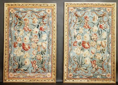 Pair of floral Soho tapestries, framed by English School
