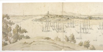 Panorama (left half) of Whampoa from Dane Island, with British and American shipping in the anchorage by English School