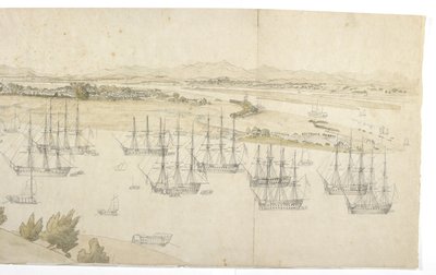 Panorama (Right Half) of Whampoa from Dane Island, with British and American Shipping in the Anchorage by English School