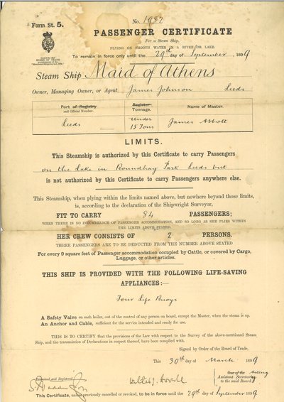 Passenger Certificate for Steam Ship The Maid of Athens by English School