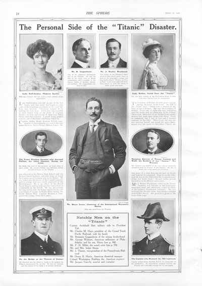Passengers on RMS Titanic, photographs and information about notable people connected with Titanic, from The Sphere, 27 April 1912 by English School