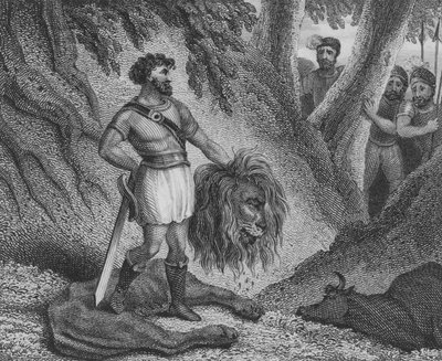 Pepin the Short, King of the Franks, Proving His Stature is No Impediment on His Ability to Rule by Killing a Lion by English School
