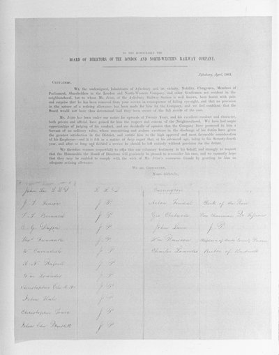 Petition to the Directors of the London and North-Western Railway Company on behalf of an employee dismissed due to failing eyesight, 1861 by English School