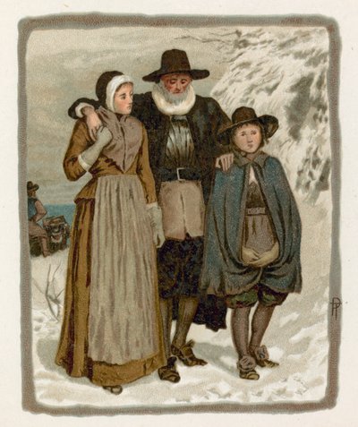 Pilgrim fathers in the snow by English School