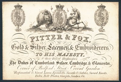 Pitter & Fox, gold and silver laceman & embroiders, trade card by English School