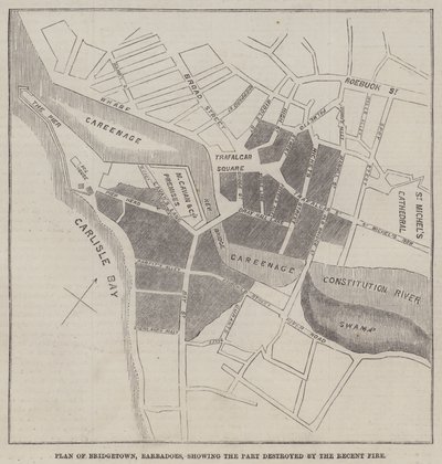 Plan of Bridgetown, Barbadoes, showing the Part destroyed by the Recent Fire by English School