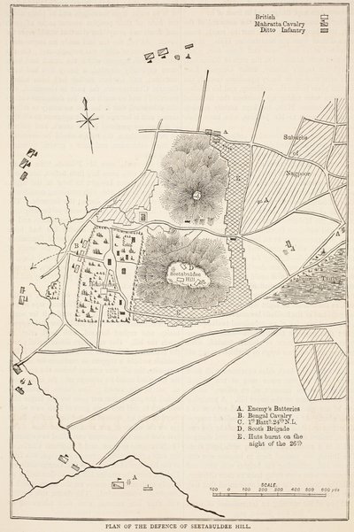 Plan of the Defence of Seetabuldee Hill, illustration from Cassell