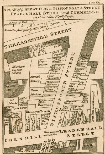 Plan of the fire in Bishopsgate Street, Cornhill and Leadenhall Street, London, which began on 7 November 1765 by English School