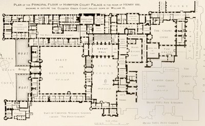 Plan of the principal floor of Hampton Court Palace as it was during the reign of King Henry VIII, from History of Hampton Court Palace in Tudor Times by Ernest Law, published London 1885 by English School