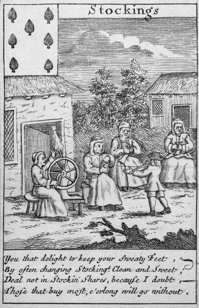 Playing Card showing workers making stockings (detail) by English School