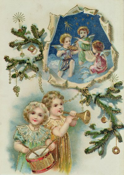 Playing Musical Instruments, Victorian Christmas Card by English School
