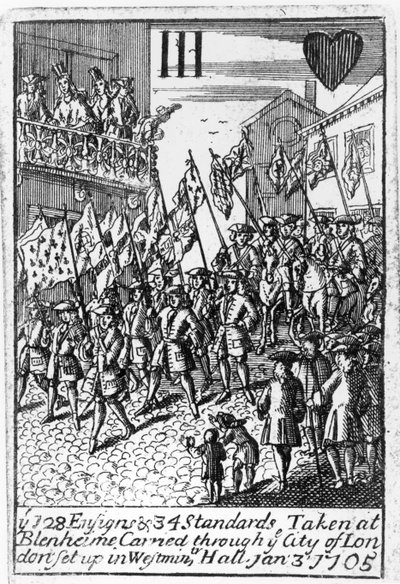 Playing card depicting the Ensigns and Standards Taken at Blenheim, being carried through the City of London, 3rd January 1705 by English School