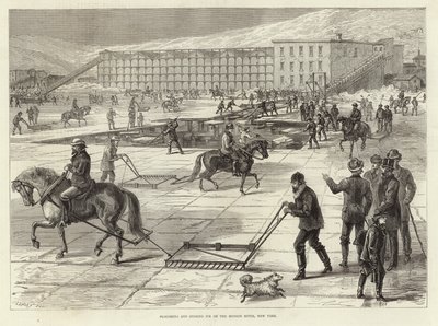 Ploughing and Storing Ice on the Hudson River by English School